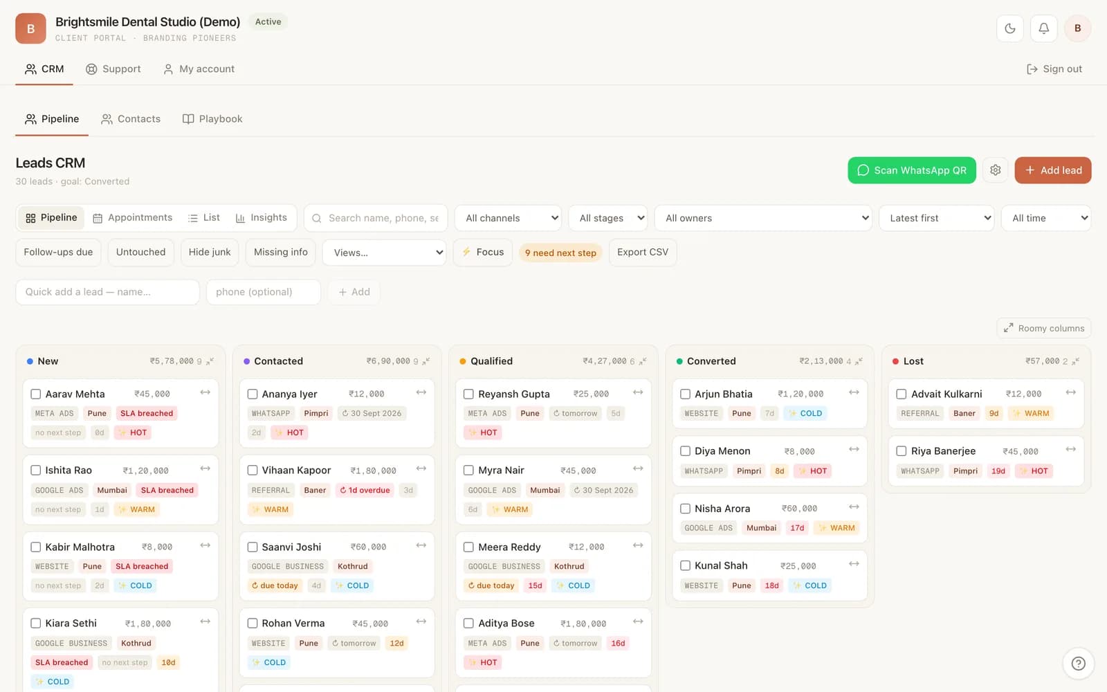 Pioneer CRM pipeline board with leads sorted by stage